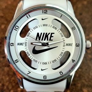 Nike Watch Hollow Analog Sports Silicone White Band Silver Face Adult Size Men's